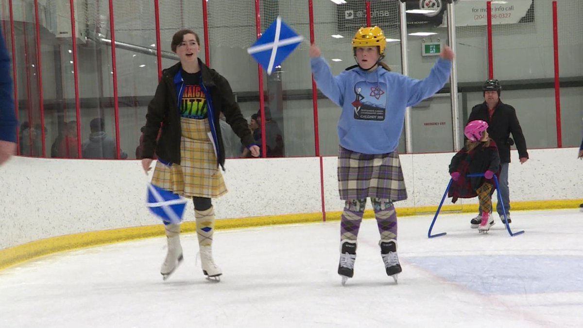 Two of the participants at Sunday's fourth annual Kilt Skate at Seven Oaks Arena.