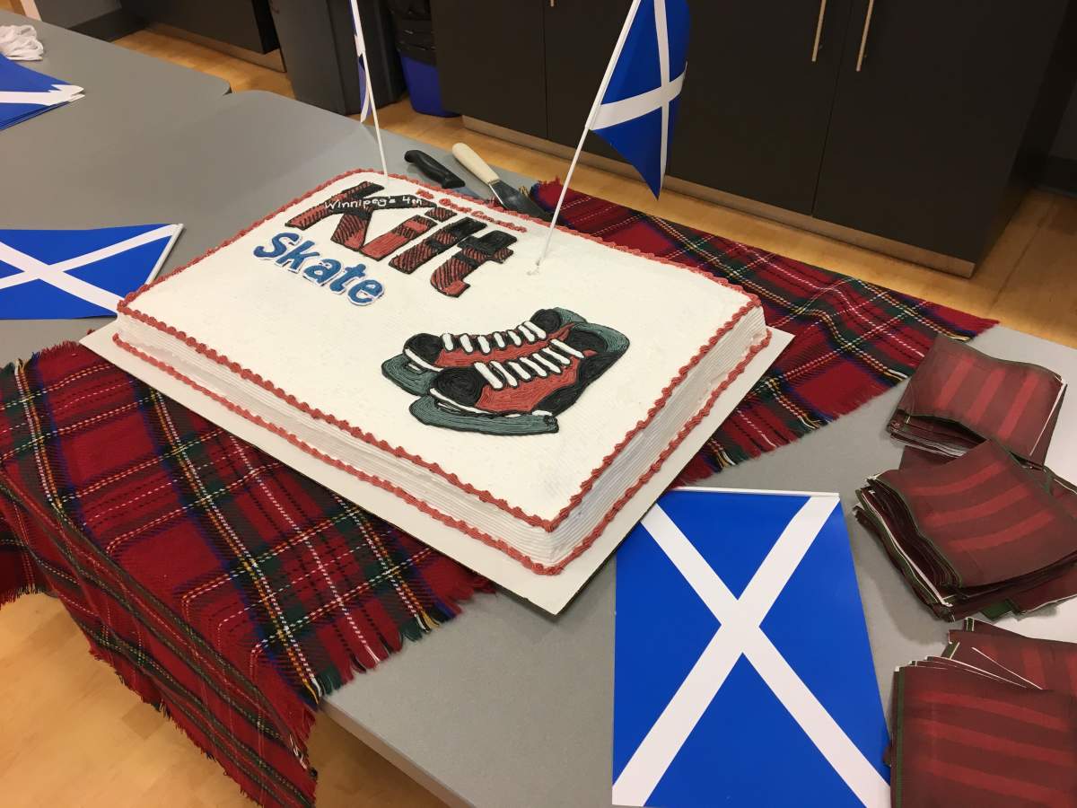 A cake for the dozens of participants at Winnipeg’s fourth annual Kilt Skate.