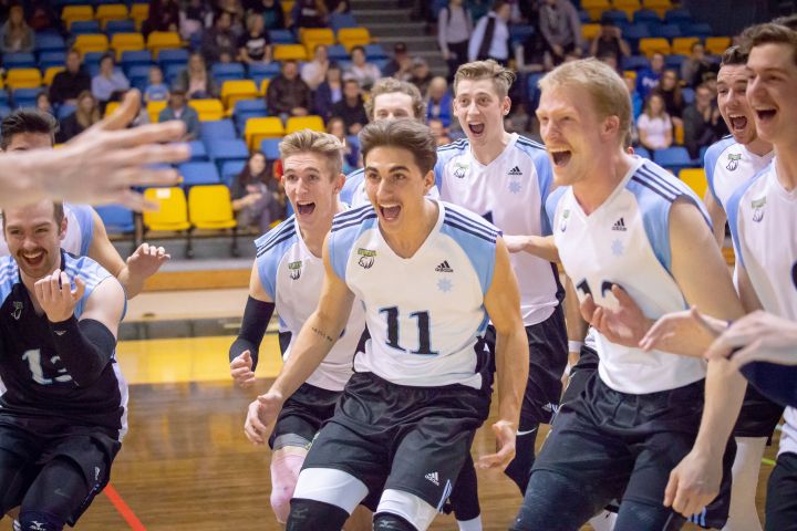 The Lethbridge College Kodiaks celebrate a win over Olds College on November 23, 2018.