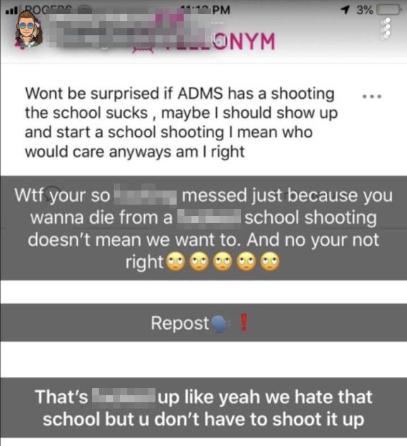A screenshot of an online threat to Arthur Day Middle School.
