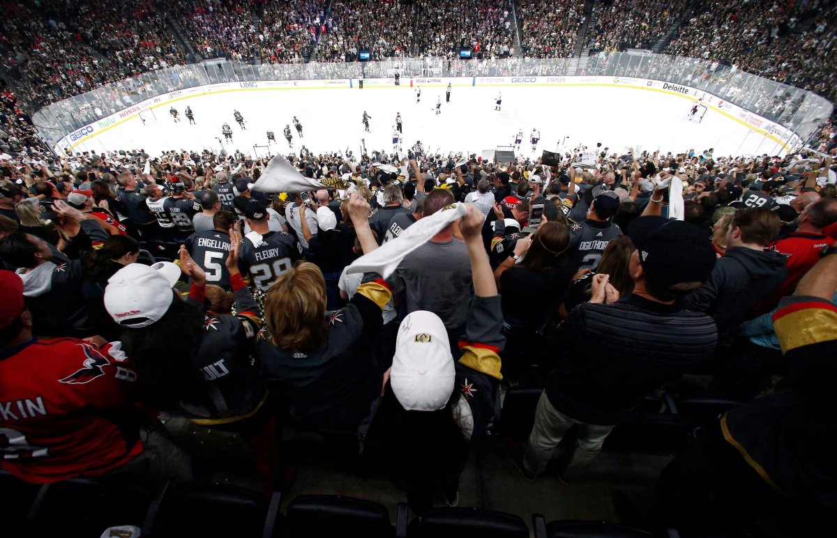 Fans celebrate a goal by Vegas Golden Knights left wing Tomas Nosek, of the Czech Republic, during the third period in Game 1 of the NHL hockey Stanley Cup Finals against the Washington Capitals in Las Vegas on May 28, 2018.