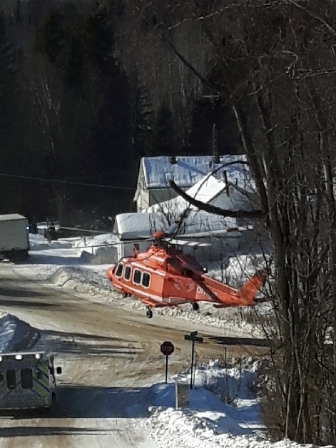 An Ornge air ambulance transports the victim of a snowmobile crash on William Lake on Saturday.