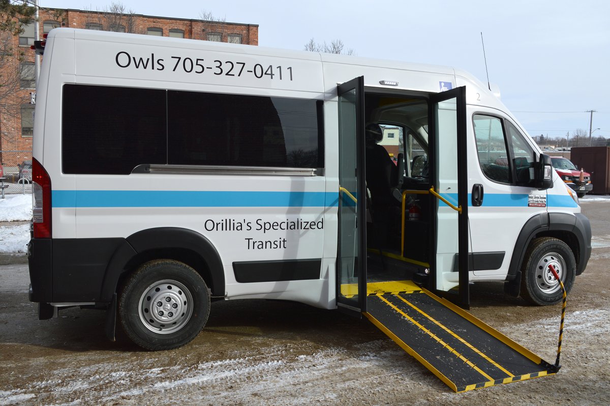 The low-floor community shuttle provides specialized transit service to those with accessibility needs in Orillia.