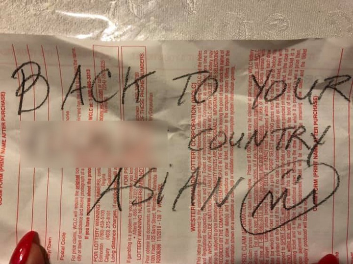 Edmonton woman Lisa La was shocked to find a racist note left on her car in a Sobeys parking lot on Jan. 21, 2019. 