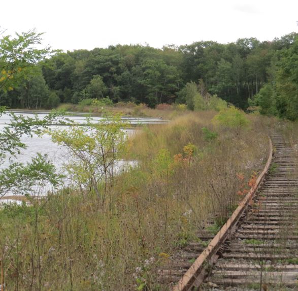 Picture of rail tracks that used to cross over the river before the aboiteau was destroyed.
