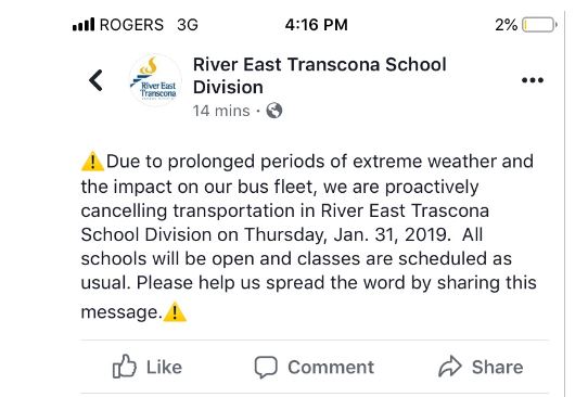 River East Transcona School Division sent out a note via social media advising parents of the pre-emptive cancellation of school bus service.