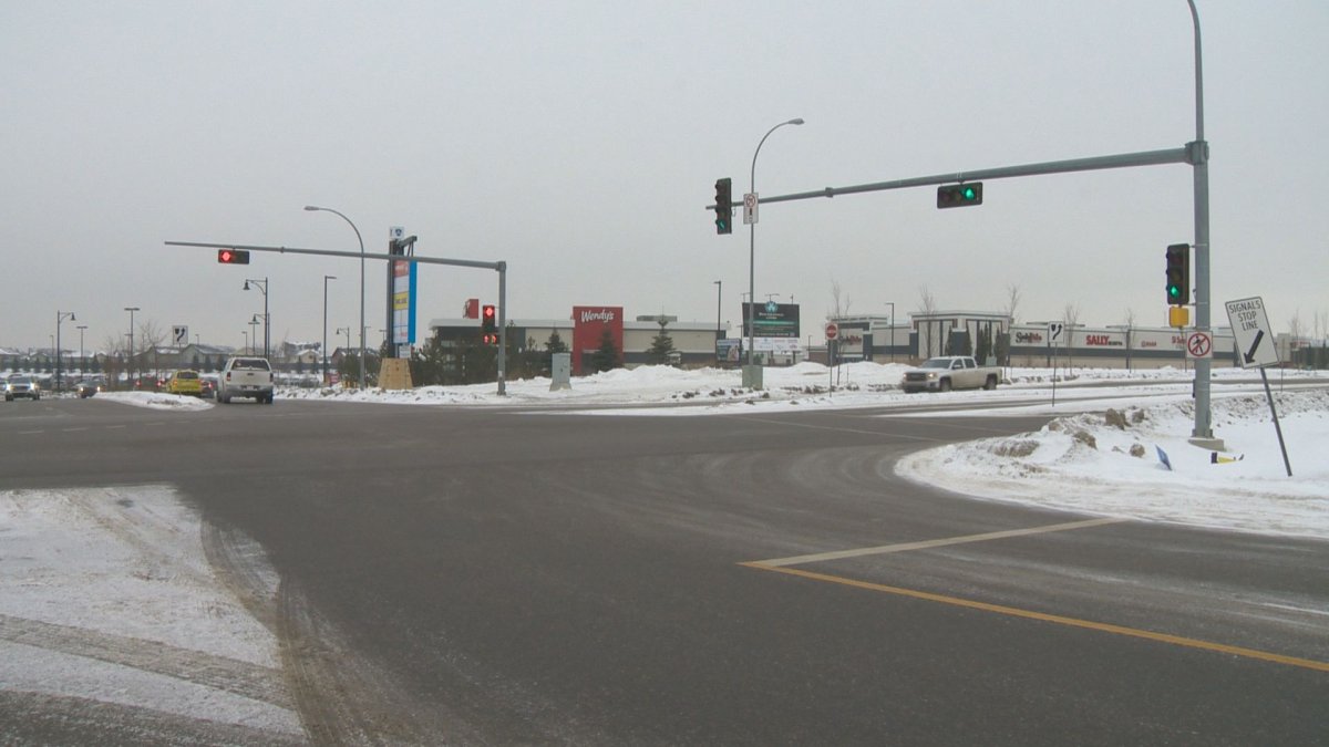 Both vehicles stopped at a red light on 215 Street at the intersection between the River Cree Casino and Costco in Edmonton on Jan. 7, 2019.