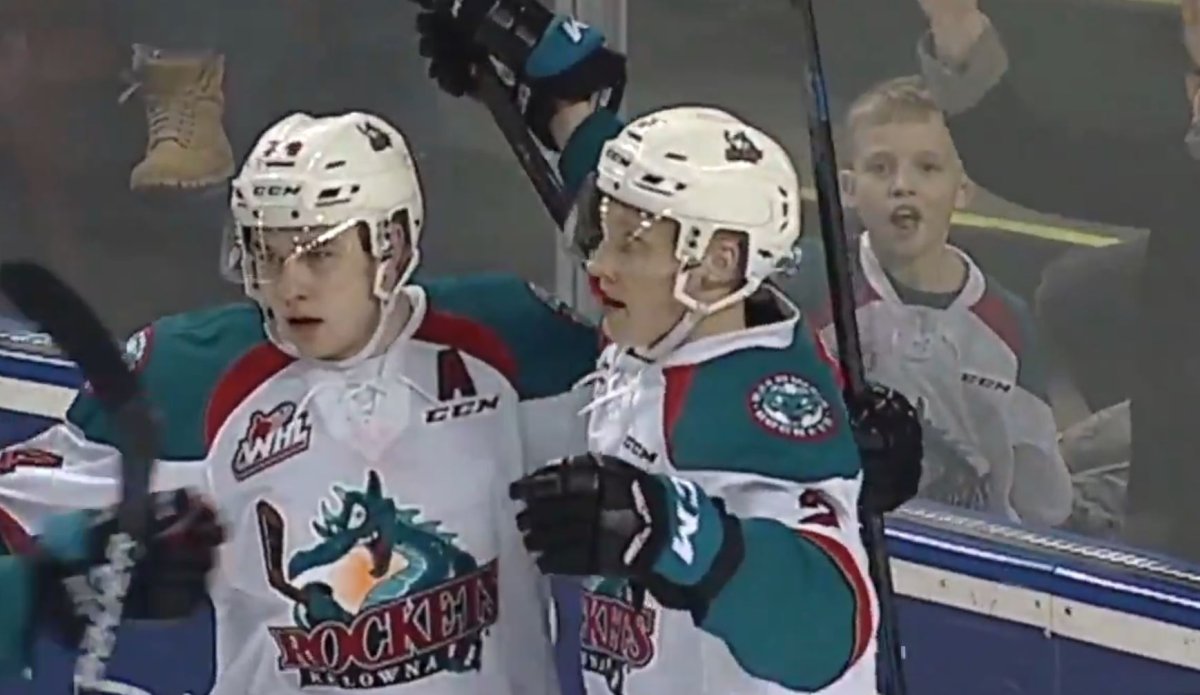 The Kelowna Rockets Kyle Topping and Lassi Thomson celebrate a goal against the Victoria Royals on Friday night at Prospera Place in Kelowna. 