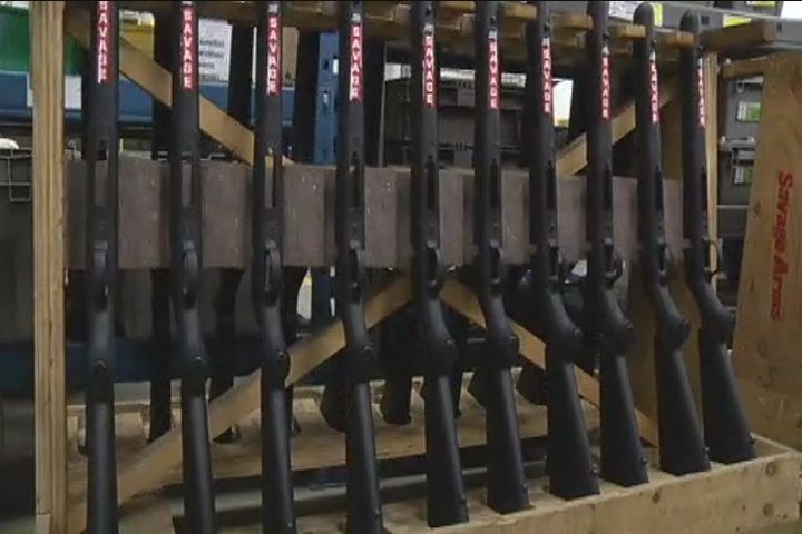 Rifles waiting to be packaged at Savage Arms factory in Lakefield, Ont.