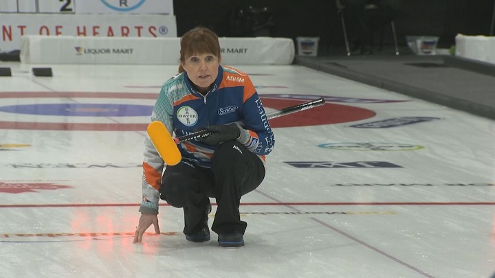 Skip Darcy Robertson looks on after making her throw at the Manitoba Scotties Tournament Of Hearts in Gimli.