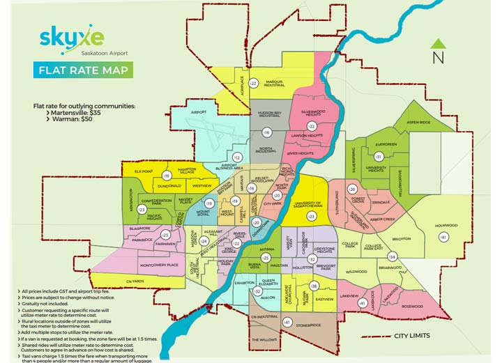 Saskatoon Airport Implements Flat Taxi Rates Based On Zones Saskatoon   Skyxe Saskatoon Airport Flat Zone Taxi Fares 