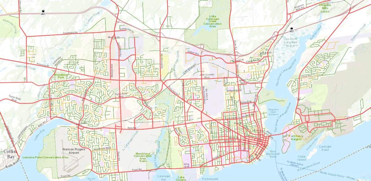The city of Kingston’s snow plow map shows the roads that are first priority in red, second priority in yellow and third in green.