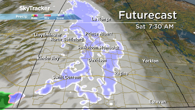 Snow slides into the Saskatoon area early Saturday.