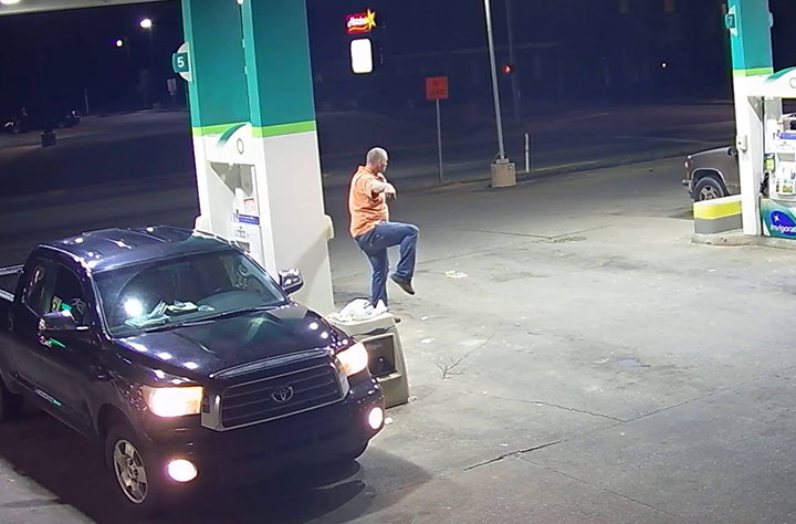 Swansea police released still images of the Mr. Miyagi wannabe, showing the suspect performing the “crane” pose in the middle of a BP gas station.