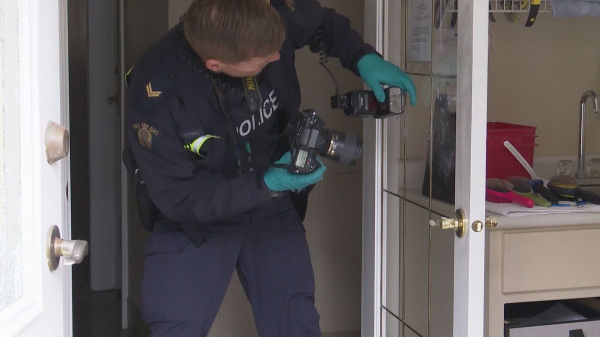 RCMP officers investigate a break in at the Parksville SPCA.