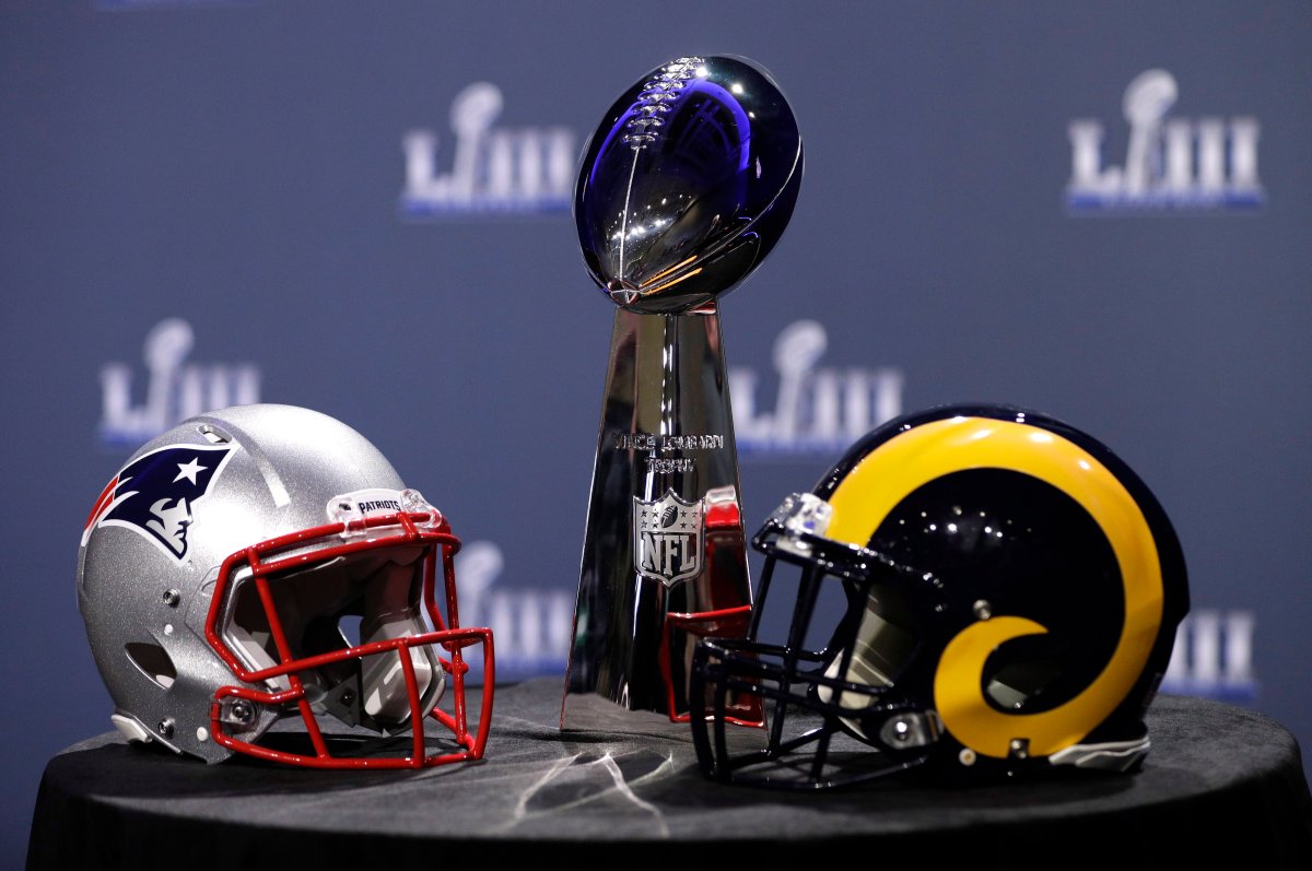 The Vince Lombardi Trophy is displayed before a news conference for the NFL Super Bowl 53 football game Wednesday, Jan. 30, 2019, in Atlanta.