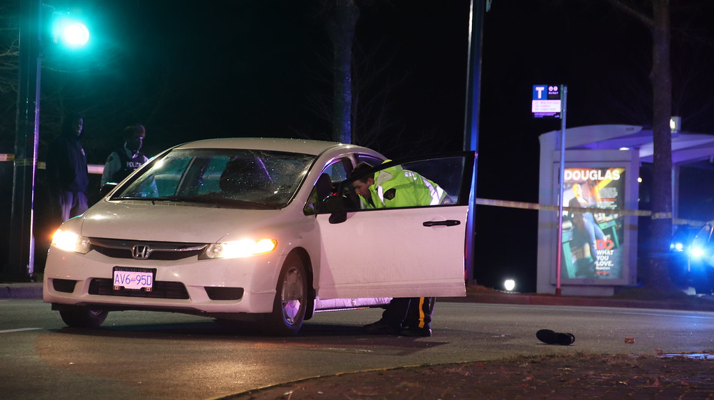 Surrey Police responded to a pedestrian being hit near Surrey Central Mall on Tuesday. Credit: Shane MacKichan/ Global News.