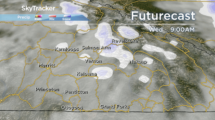 There is a chance of a few pockets of snow sliding through the Central and North Okanagan on Wednesday.