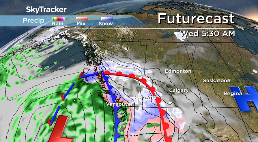 There is a chance of snow early Wednesday as moistures spreads into the Interior from a system sitting off the coast.