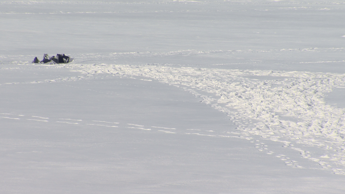 Tracks left from first responders near Darcie’s partially submerged snowmobile after bringing her and her husband back to safety.