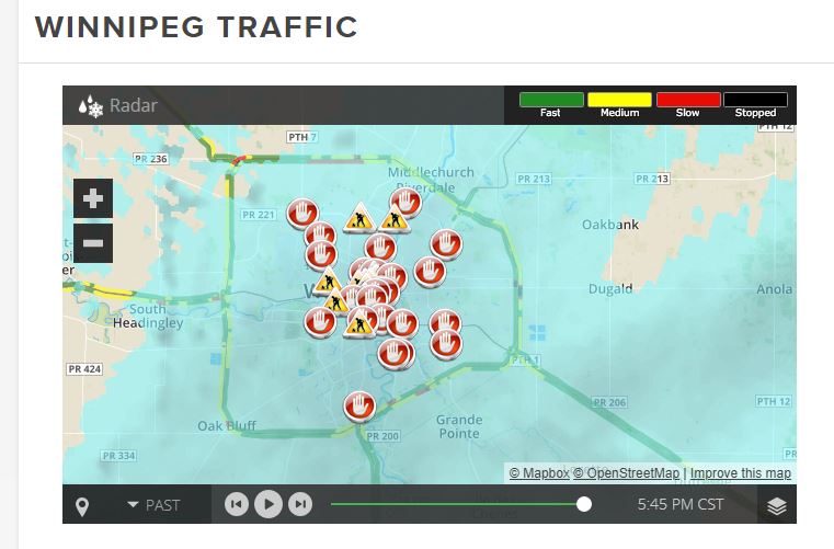 Traffic conditions in Winnipeg at 5:55 p.m. Wednesday.