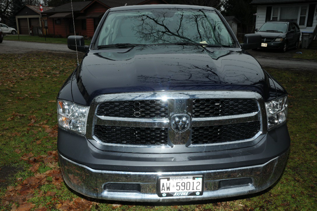 The dark blue 2018 Dodge Ram pickup truck that police believe was used in the robbery at Poag's Jewellers in Strathroy, Ont.