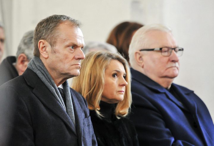 European Council President Donald Tusk, left, his wife Malgorzata Tusk, and Poland’s former president and Solidarity pro-democracy movement founder, Lech Walesa, attending the funeral of slain Gdansk city Mayor Pawel Adamowicz, at St. Mary’s Basilica in Gdansk, Poland, on Saturday, Jan. 19, 2019.