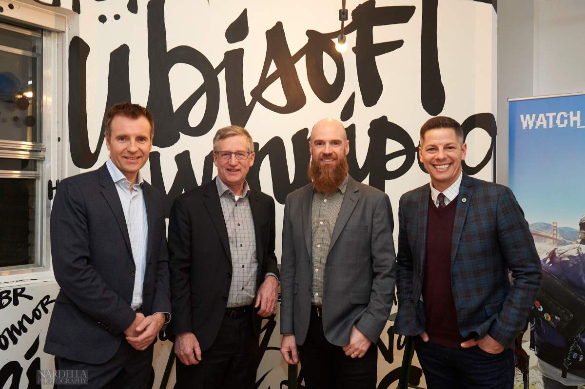 Ubisoft's Yannis Mallat and Darryl Long with provincial trade minister Blaine Pedersen and Winnipeg mayor Brian Bowman.