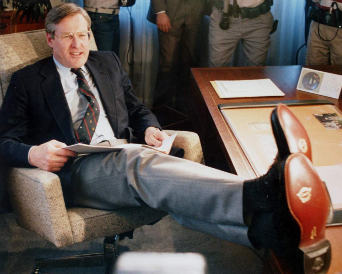 Finance Minister Michael Wilson is pictured showing off his new shoes prior to the upcoming federal budget on Feb. 20, 1986 in Ottawa.