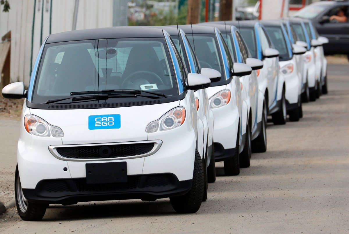Lineup of Daimler Car2Go car sharing vehicles in Calgary, Alberta on July 10, 2015.  