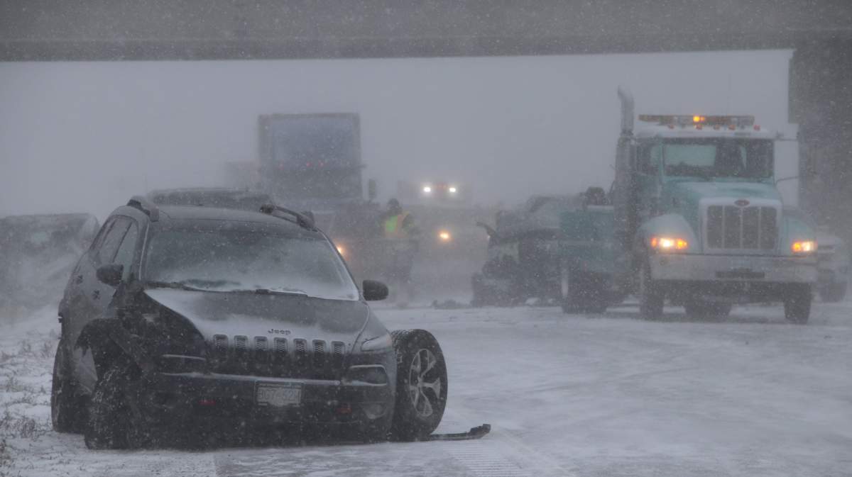 Highway 1 was closed to westbound traffic at Whatcom Road on Sunday. 
