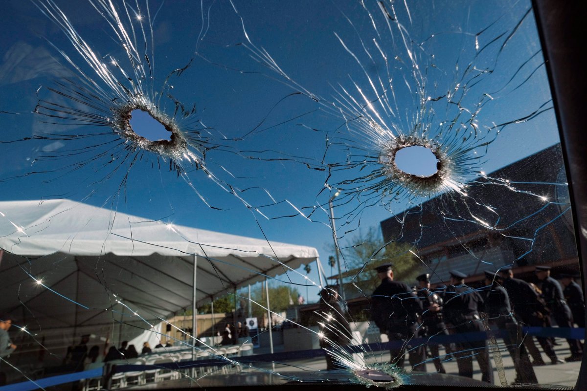 An inside view of a bullet ridden Los Angeles police department patrol car windshield is seen on display prior to a ceremony marking the 20th anniversary of an infamous gunbattle between police and two heavily armed bank robbers in Los Angeles on Tuesday, Feb. 28, 2017. 