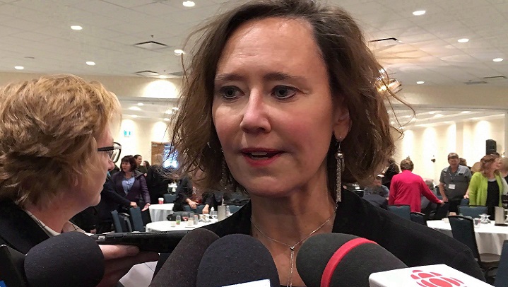 Saskatchewan Education Minister Bronwyn Eyre speaks to reporters after addressing the Saskatchewan School Boards Association annual meeting in Regina, Nov.14, 2017.