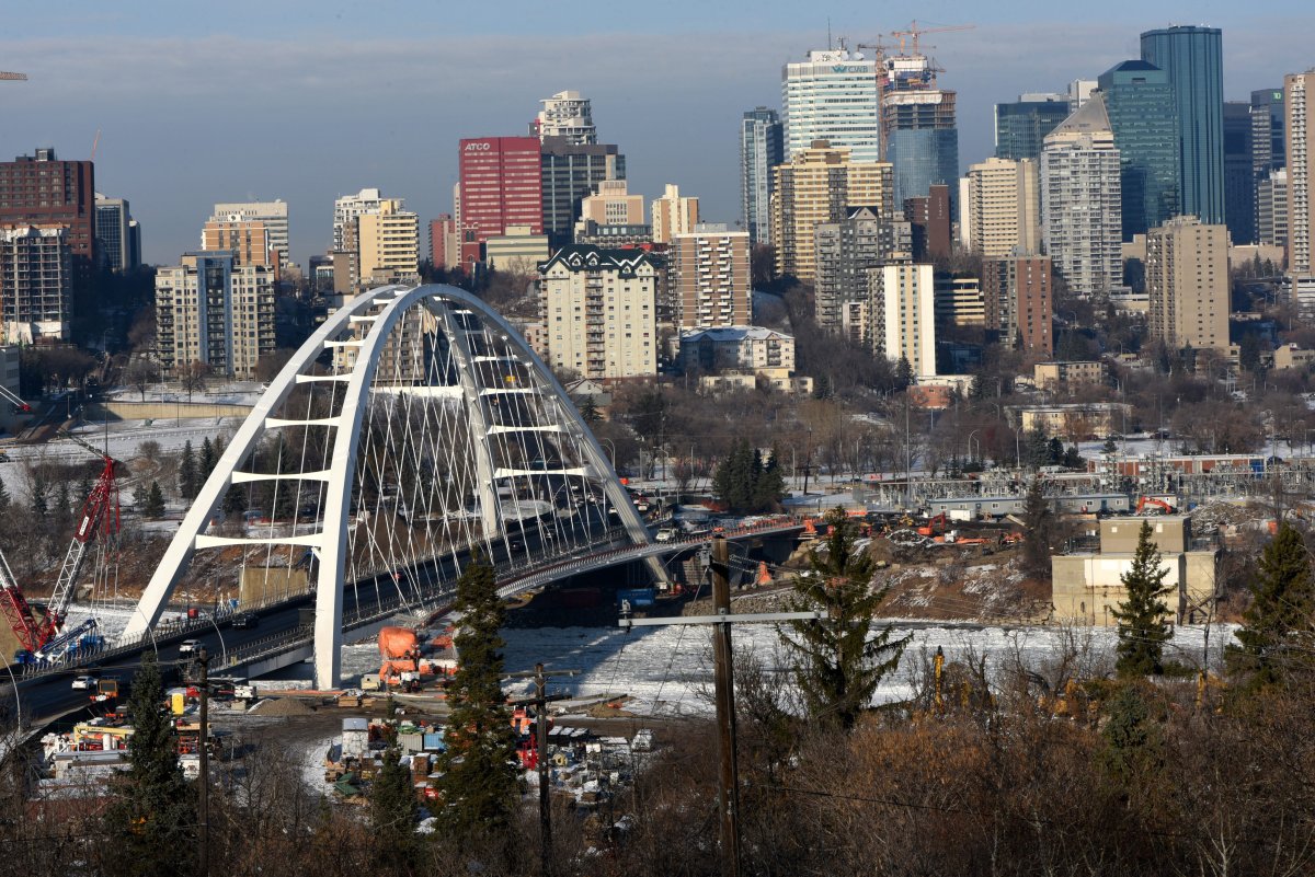 A view over the North Saskatchewan River valley to the skyline of downtown Edmonton, Alberta, Canada.