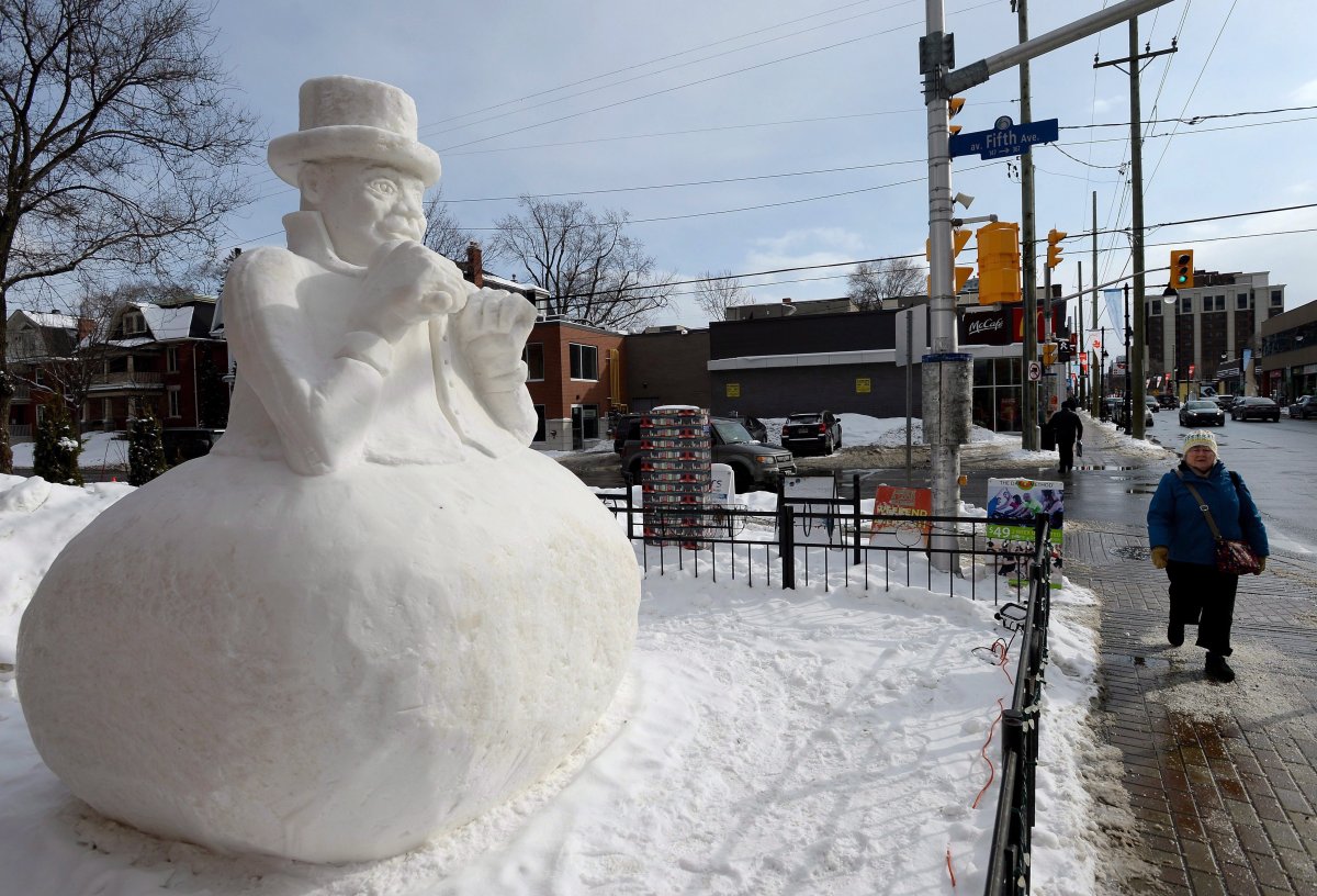 A snow sculpture tribute to Tragically Hip frontman Gord Downie during Winterlude 2018. 
