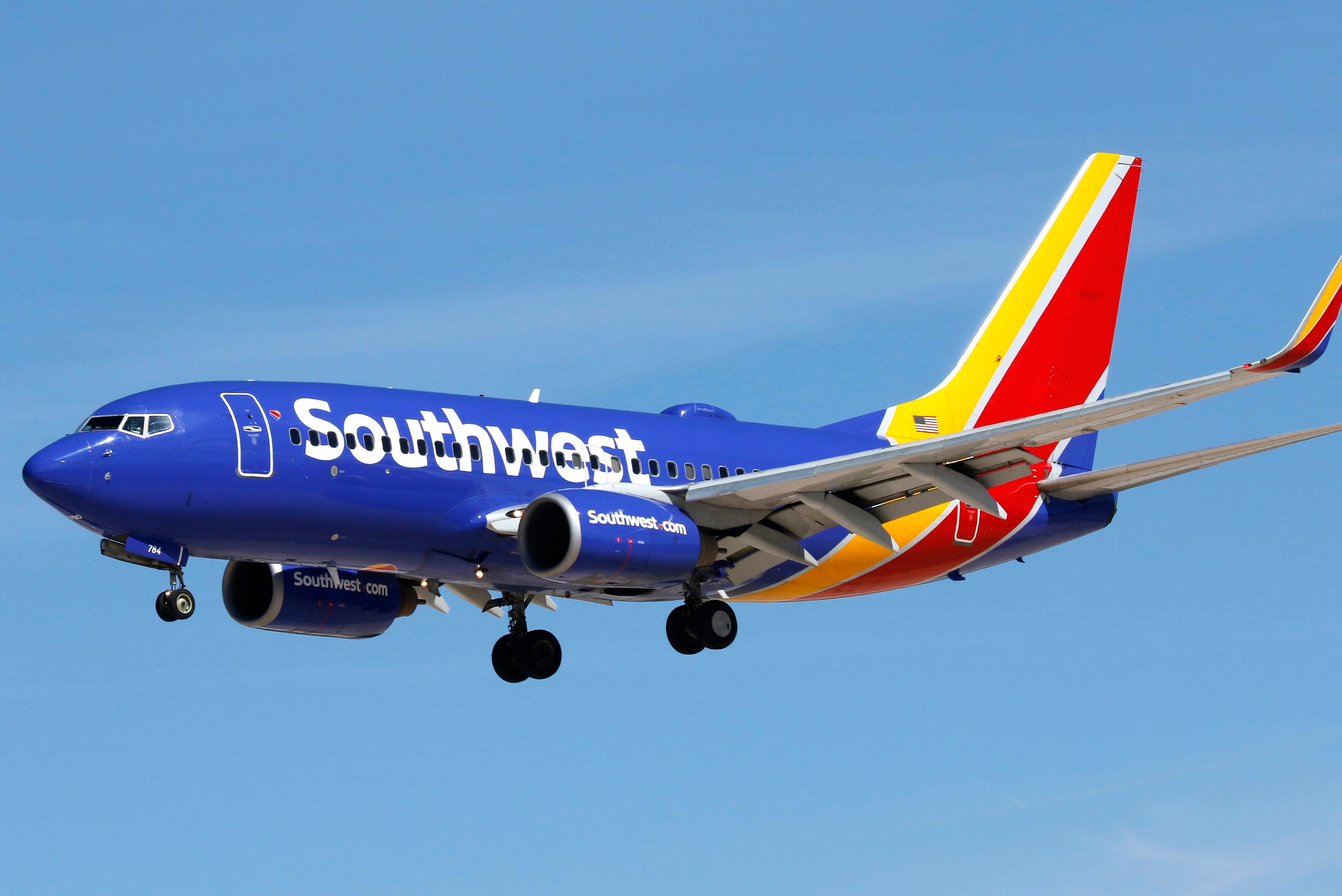 A Boeing 737 (737-700) jetliner, belonging to Southwest Airlines, lands at McCarran International Airport in Las Vegas, Nv., on Tues., March 6, 2018. 
