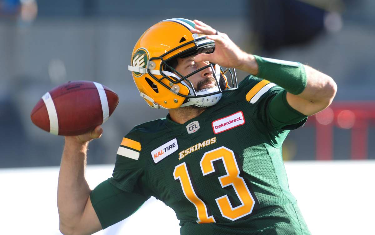 Edmonton Eskimos player #13 (QB) Mike Reilly warms up on the field before the 1st quarter of CFL game action between the Edmonton Eskimo’s and the British Columbia Lions at the Brick Field located at Commonwealth stadium in Edmonton Friday, June 29/2018.