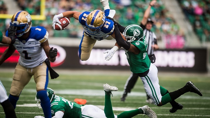 Winnipeg Blue Bombers running back Kienan LaFrance (27) is tripped up by the Saskatchewan Roughriders' defence during second-half CFL action in Regina on Sept. 2, 2018. 