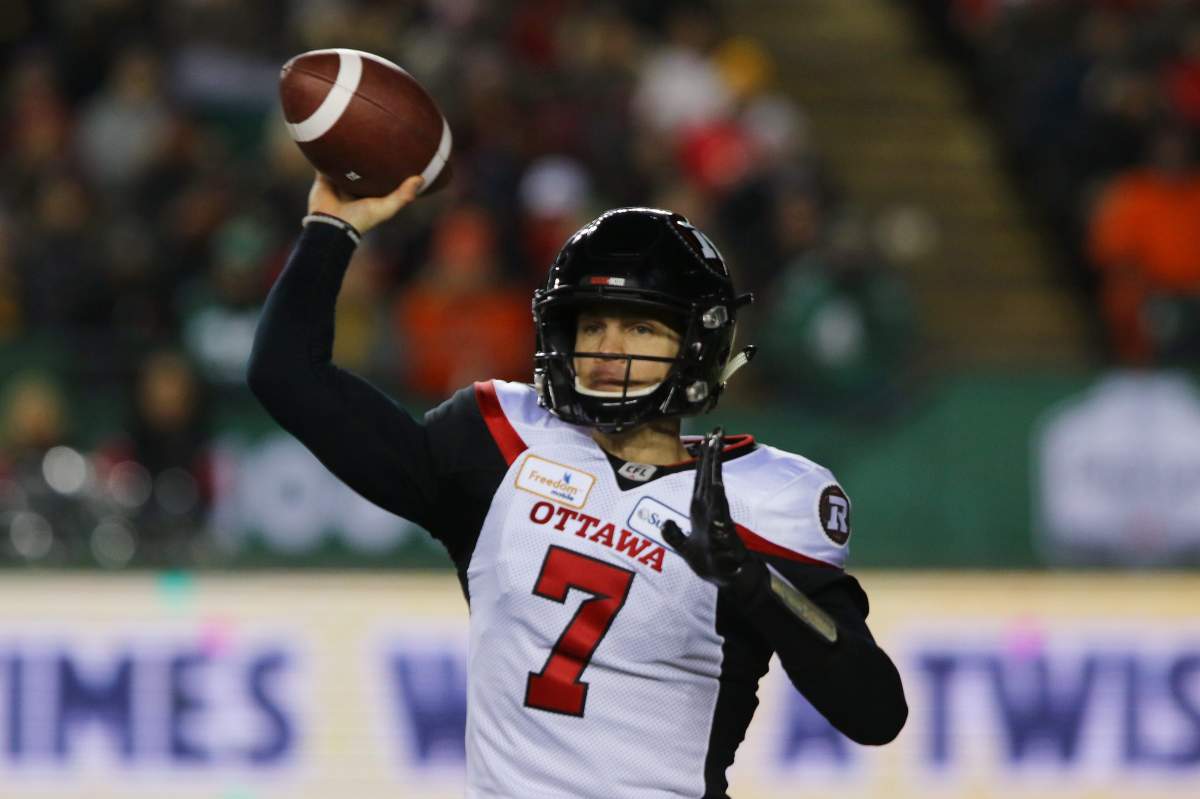 Redblacks’ Trevor Harris passes during first half action in the CFL Grey Cup championship game, in Edmonton on Sunday, Nov. 25th, 2018.
