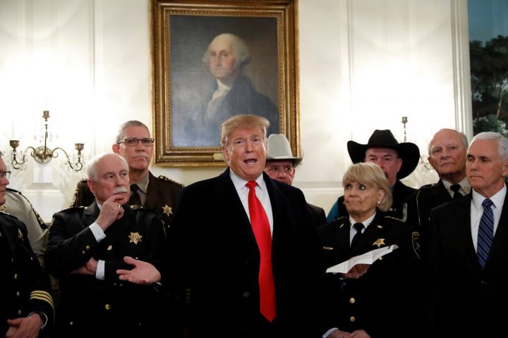 U.S. President Donald Trump speaks as he meets with sheriffs in the Diplomatic Room of the White House in Washington, U.S., Feb. 11, 2019. 