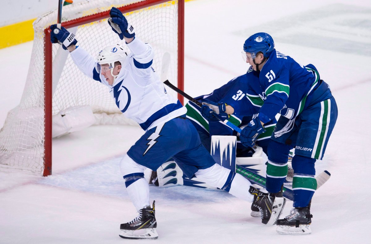 Tampa Bay Lightning left wing Adam Erne (73) celebrates his goal past Vancouver Canucks goaltender Anders Nilsson (31) as Vancouver Canucks defenceman Troy Stecher (51) looks on during second period NHL action at Rogers Arena in Vancouver, Tuesday, Dec. 18, 2018. THE CANADIAN PRESS/Jonathan Hayward.