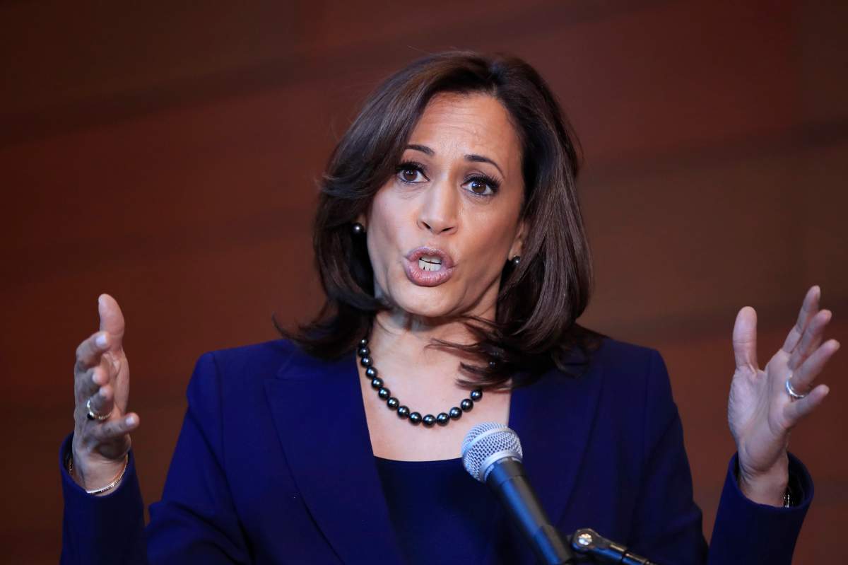 FILE - In this Monday, Jan. 21, 2019, file photo, Sen. Kamala Harris, D-Calif., speaks to members of the media at her alma mater, Howard University, in Washington, following her announcement earlier in the morning that she will run for president.