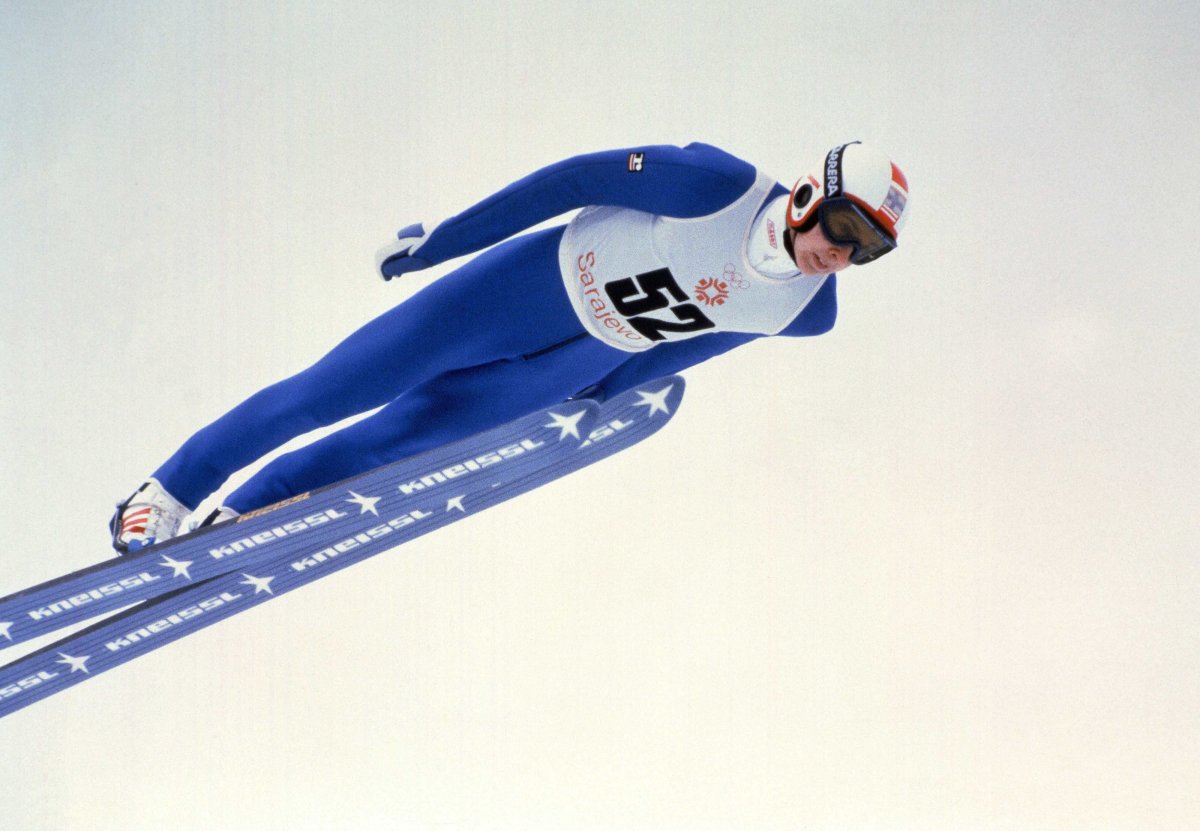Finnish ski jumper Matti Nykanen, wins the 90 m ski jump, Sarajevo Winter Olympics, Feb. 18, 1984.
