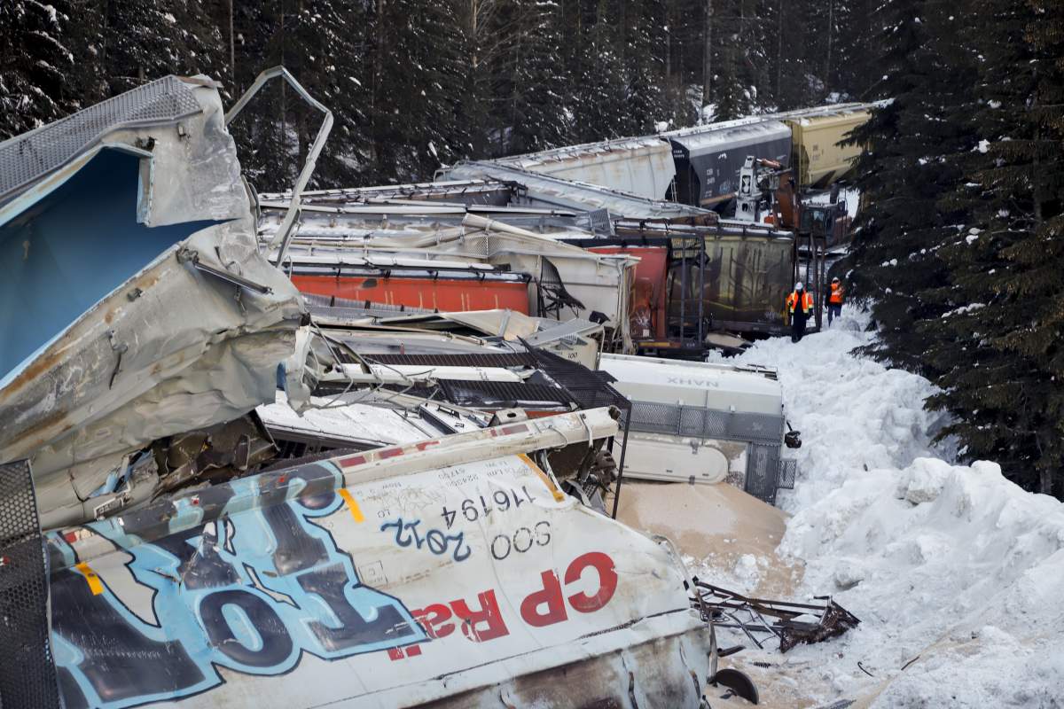 A train derailment is shown near Field, B.C., Monday, Feb. 4, 2019.