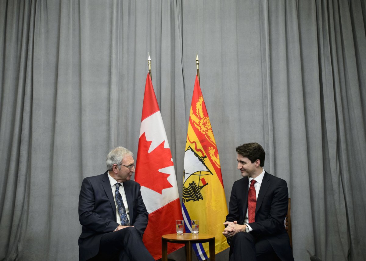 Prime Minister Justin Trudeau meets with New Brunswick Premier Blaine Higgs on Parliament Hill in Ottawa on Tuesday, Feb. 5, 2019. 