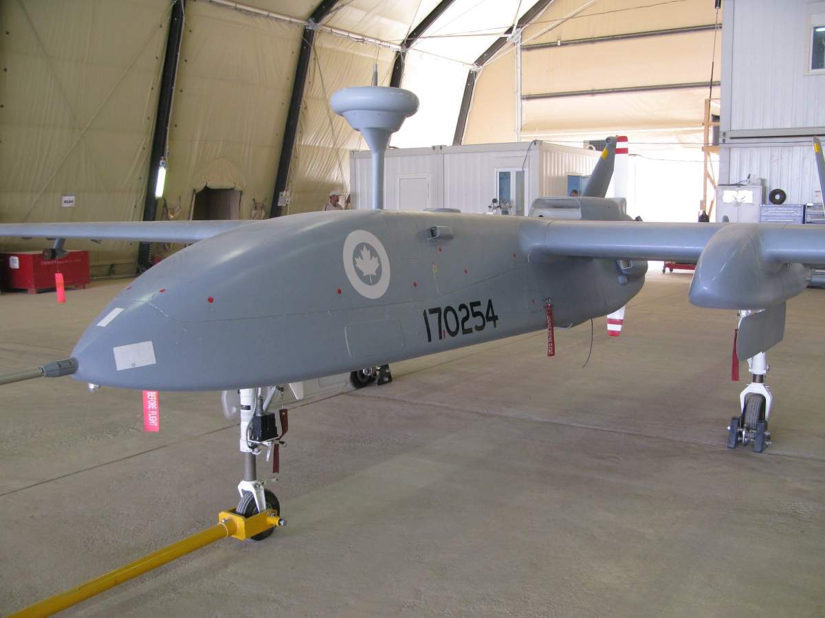 A Heron pilotless spy drone, operated by the Canadian military, sits in a hangar at Kandahar Airfield on July 5, 2010. 