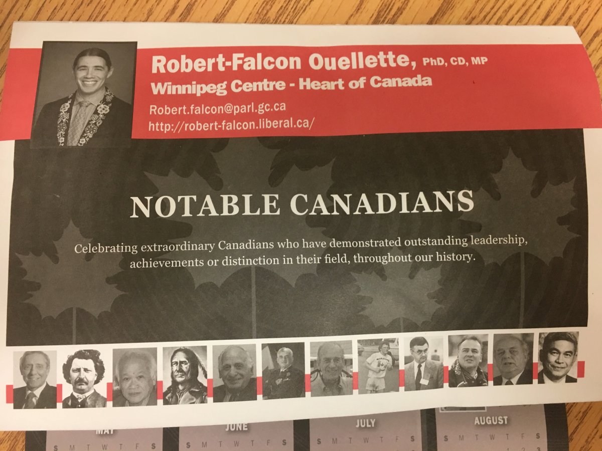 Robert-Falcon Ouellette, who represents the riding of Winnipeg Centre, recently sent a calendar by mail to his constituents that profiled 12 Canadian men.  