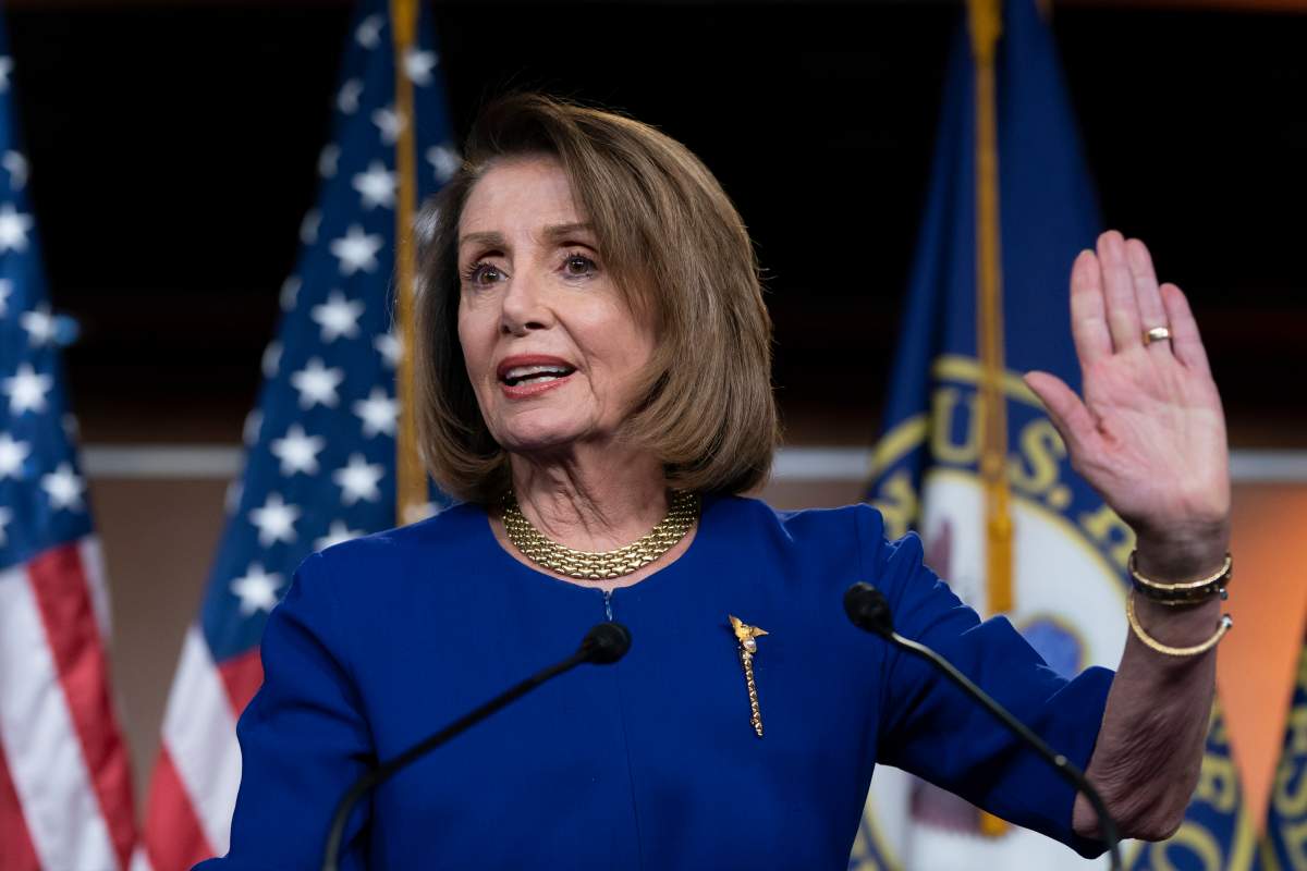 In this Feb. 7, 2019 photo, Speaker of the House Nancy Pelosi, D-Calif., talks with reporters during her weekly news conference, on Capitol Hill in Washington. 