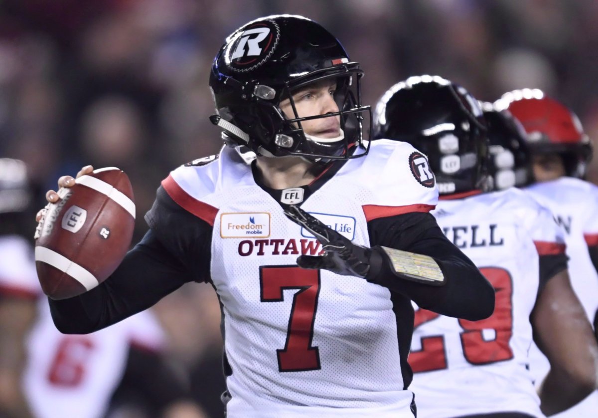 Ottawa Redblacks quarterback Trevor Harris (7) prepares to throw the ball during the first half of the 106th Grey Cup against the Calgary Stampeders at Commonwealth Stadium in Edmonton on Nov. 25, 2018. 
