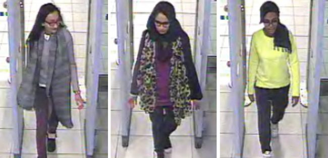 This Feb. 23, 2015 file handout image of a three image combo of stills taken from CCTV shows Kadiza Sultana, left, Shamima Begum, center, and Amira Abase going through security at Gatwick airport, south England, before catching their flight to Turkey.